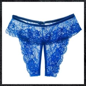 Blue Sheer Floral Lace Crotchless Panty